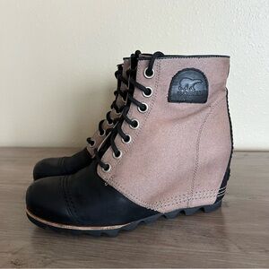 Sorel PDX Wedge Bootie Women’s 10 Black Tan Leather Canvas Waterproof Lace-Up